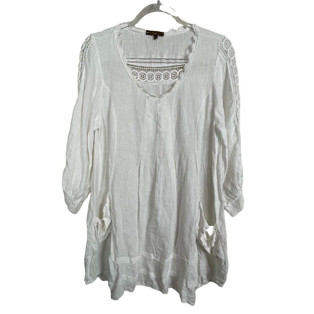 Piazza Roma Tunic Linen Dress Lagenlook Ivory XS‎ Crochet Cutout Coastal Resort